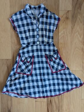 Navy and White Gingham Dress with Red rick Rack